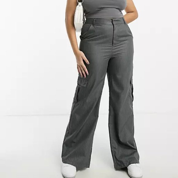 ASOS Heartbreak Plus wide leg cargo trousers co-ord in grey pinstripe Sz 16 US - Picture 1 of 5